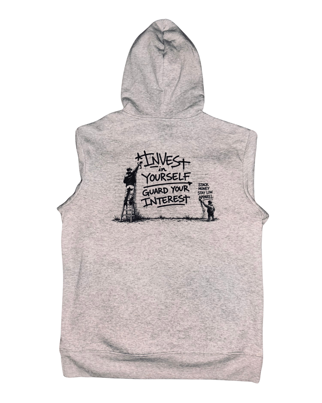 A light heather gray hoodie with a black graphic print on the back featuring a hand-drawn figure and the text 'INVEST IN YOURSELF GUARD YOUR INTEREST'.