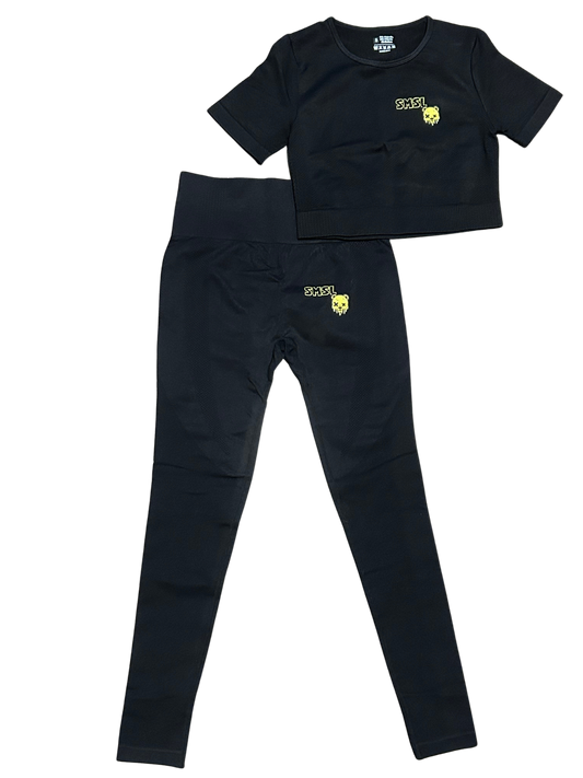 SMSL Yellow Drippy Bear: Women’s 2 Piece Gym Set (t-shirt & pants)