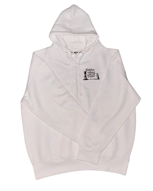 A white hoodie with a black graphic print on the front featuring a hand-drawn figure and the text 'INVEST IN YOURSELF GUARD YOUR INTEREST'.